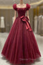 Burgundy Tulle Pleats Prom Dresses