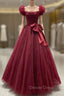 Burgundy Tulle Pleats Prom Dresses