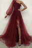 Burgundy tulle prom Dress one shoulder Prom Dresses