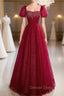 Burgundy Tulle Puff Sleeve Beading Prom Dresses