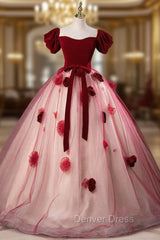 Burgundy Tulle Puff Sleeve Off the Shoulder Quinceanera Dresses