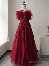 Burgundy Tulle Sequin Long Prom Dress, Burgundy Evening Dress