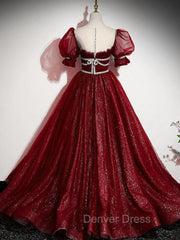 Burgundy Tulle Sequin Long Prom Dresses, Burgundy Formal Evening Dresses