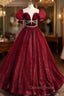 Burgundy Tulle Sequin Long Prom Dresses, Burgundy Formal Evening Dresses