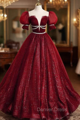 Burgundy Tulle Sequin Long Prom Dresses, Burgundy Formal Evening Dresses