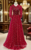 Burgundy Tulle Sequins Beading Short Sleeve Prom Dresses