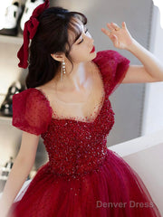 Burgundy Tulle Sequins Long Prom Dress, A-Line Scoop Neckline Evening Party Dress