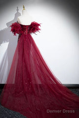 Burgundy Tulle Sequins Long Prom Dress, Burgundy Evening Party Dress