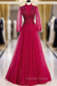 Burgundy Tulle Sequins Long Sleeve High Neck Beading Prom Dresses