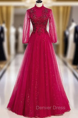 Burgundy Tulle Sequins Long Sleeve High Neck Beading Prom Dresses