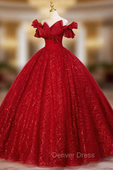 Burgundy Tulle Sequins Off the Shoulder Beading Quinceanera Dresses