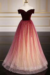 Burgundy Tulle Sequins Off the Shoulder Prom Dresses