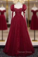 Burgundy Tulle Sequins Puff Sleeve Beading Prom Dresses