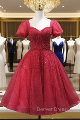 Burgundy Tulle Sequins Short Sleeve Beading Homecoming Dresses