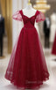 Burgundy Tulle Sequins Square Beading Prom Dresses