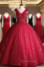 Burgundy Tulle Sequins V Neck Appliques Beading Quinceanera Dresses