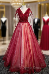 Burgundy Tulle Sequins V-neck Beading Prom Dresses