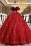 Burgundy Tulle Sequins Velvet Off the Shoulder Quinceanera Dresses