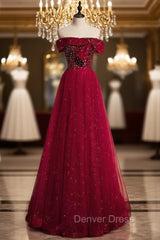 Burgundy Tulle Seuqins Beading Off the Shoulder Prom Dresses