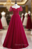 Burgundy Tulle Short Sleeve Scoop Neck Prom Dresses