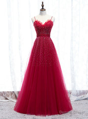 Burgundy Tulle Spagehtti Straps Beading Prom Dress