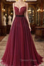 Burgundy Tulle Spaghetti Straps Beaded Prom Dresses