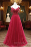 Burgundy Tulle Spaghetti Straps Beading Prom Dressess