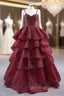 Burgundy Tulle Spaghetti Straps Beading Tiers Prom Dresses