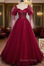 Burgundy Tulle Square Long Sleeve Beading Prom Dresses
