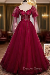 Burgundy Tulle Square Long Sleeve Beading Prom Dresses
