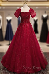 Burgundy Tulle Square Puff Sleeve Beading Prom Dresses