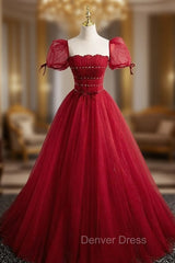 Burgundy Tulle Square Puff Sleeve Pleats Beading Prom Dresses