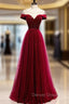 Burgundy Tulle Star Sequins Cap Sleeve Prom Dresses