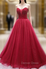 Burgundy Tulle Strapless Beading Prom Dresses
