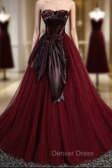 Burgundy Tulle Strapless Pleats Bow Prom Dresses