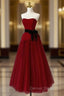 Burgundy Tulle Strapless Tea Length Prom Dresses