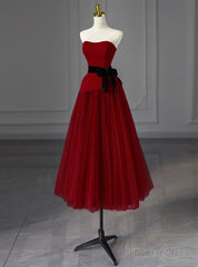 Burgundy Tulle Strapless Tea Length Prom Dress