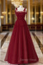 Burgundy Tulle Straps Beading Prom Dresses