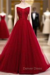 Burgundy Tulle Sweetheart Beading Long Prom Dresses