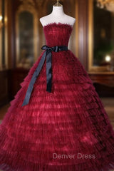 Burgundy Tulle Tiers Strapless Quinceanera Dresses
