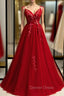 Burgundy Tulle V Neck Appliques Backless Prom Dresses