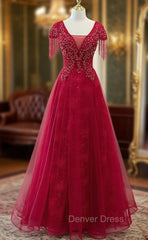 Burgundy Tulle V-neck Cap Sleve Beading Prom Dresses