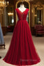 Burgundy Tulle V Neck Pleats Beading Sequins Prom Dresses