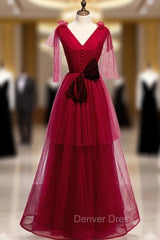 Burgundy Tulle V-neck Pleats Long Prom Dresses With Bow