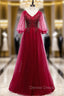 Burgundy Tulle V Neck Puff Sleeve Beading Prom Dresses