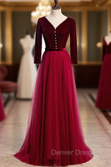 Burgundy Tulle Velvet Long Sleeve Pleats Prom Dresses