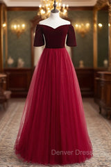 Burgundy Tulle Velvet Off the Shoulder Short Sleeve Prom Dresses