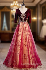 Burgundy Tulle Velvet Sequins V-neck Short Sleeve Prom Dresses
