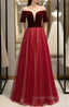 Burgundy Tulle Velvet Short Sleeve Backless Prom Dresses