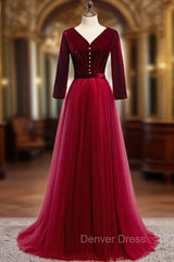 Burgundy Tulle Velvet V-neck 3/4 Sleeve Prom Dresses